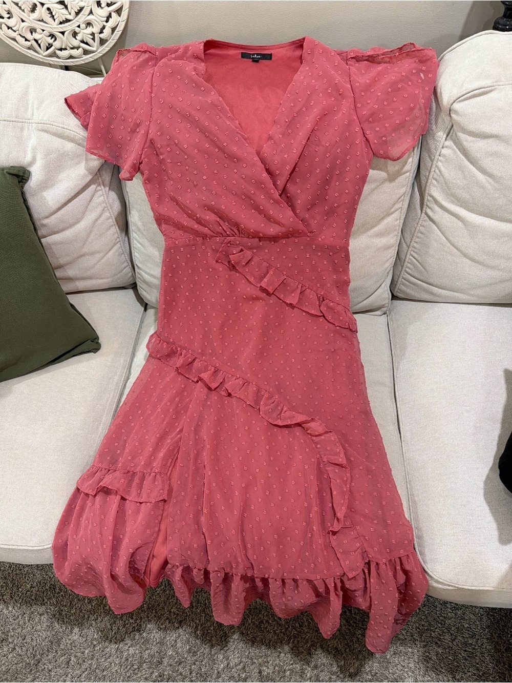 Lulu’s Dusty Rose Ruffle Wrap Dress- Women’s Medium
